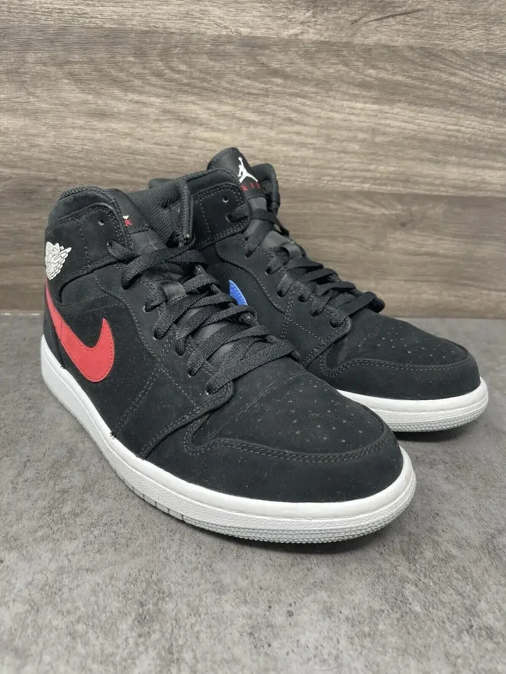 Air Jordan 1 Mid Multi Color Swoosh Black Shoes Mens Size 9 Red Blue Lot 554724